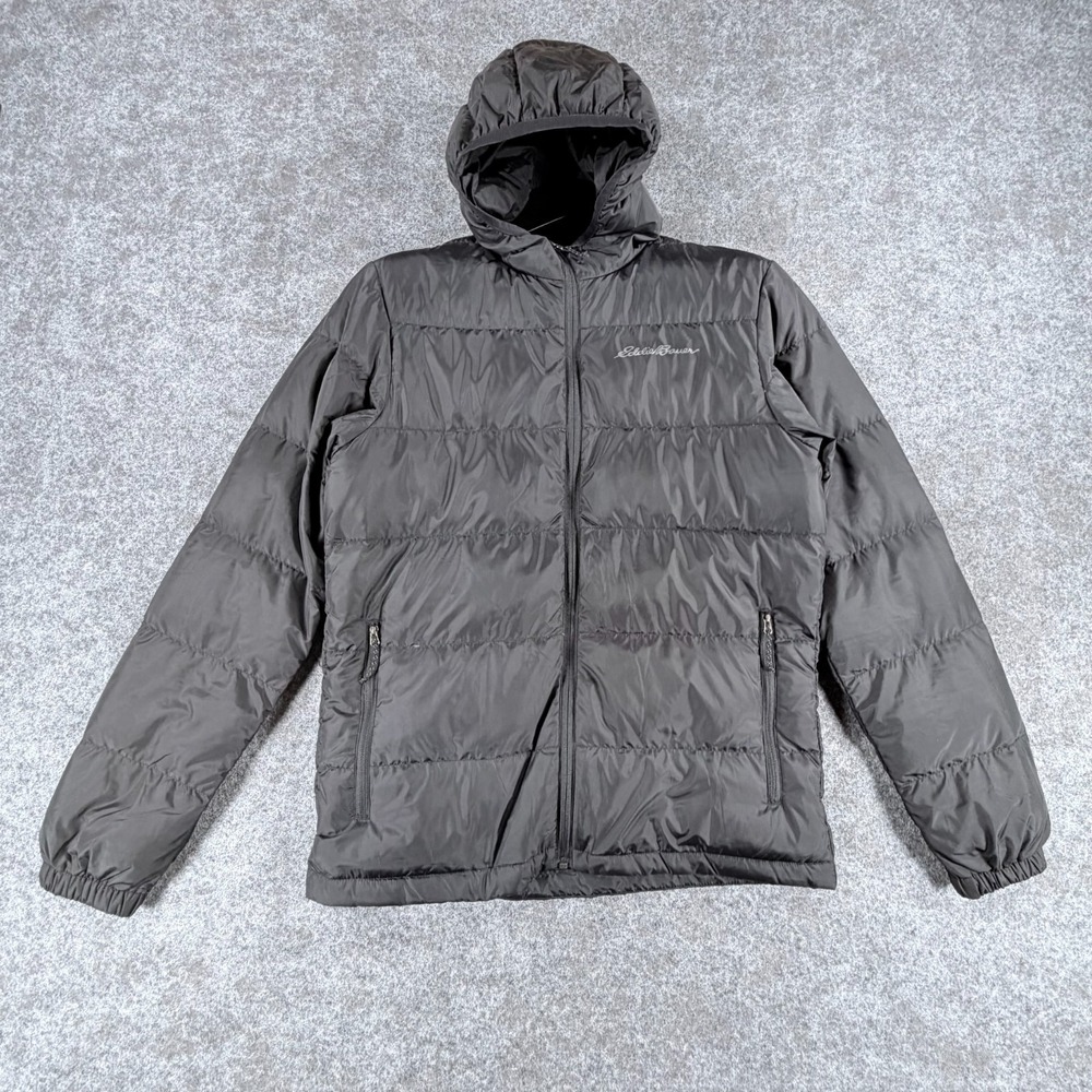 Eddie Bauer Hooded Puffer Jacket Mens S Black 650 Wide Channel Down Lightweight